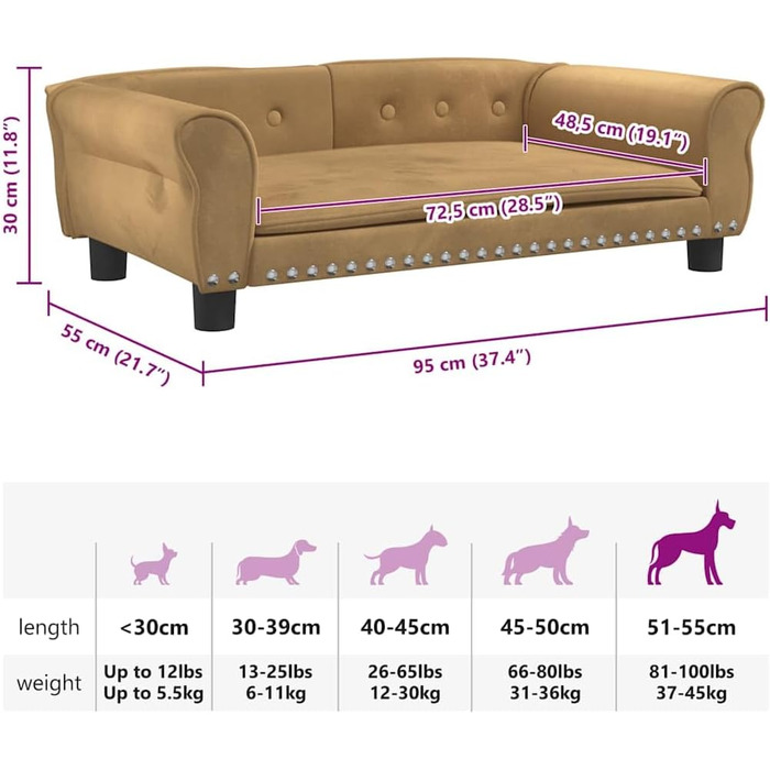 Крісло-ліжко для собак, лежанка для тварин з м'якою оббивкою, коричнева, 95 x 55 x 30 см