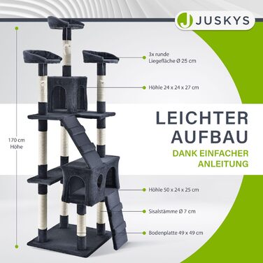 Котячий дряпак Juskys XXL Amy 170 см, з лежаками, будиночками, драбинами та сизалевими стовпчиками, сірий