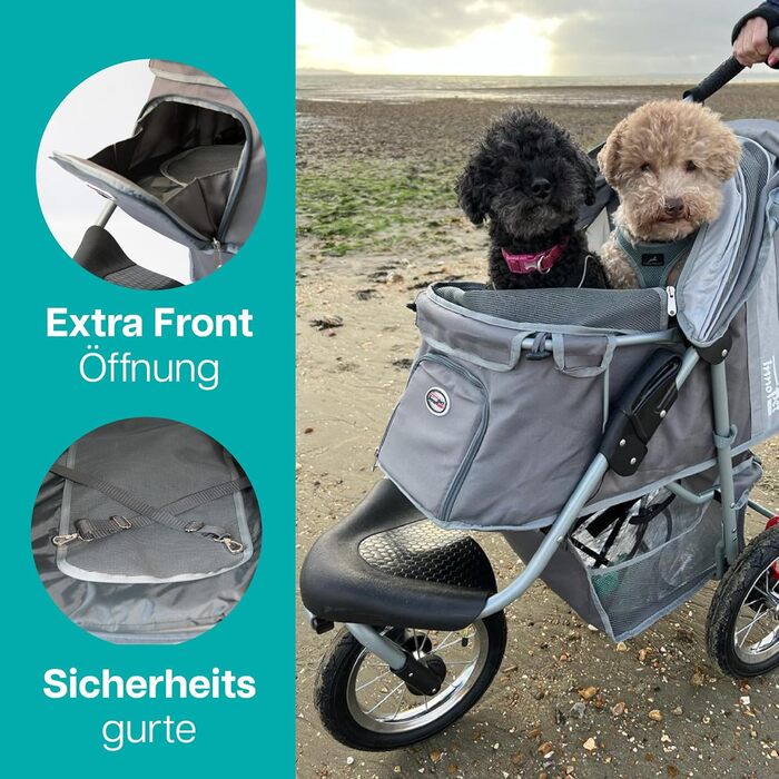 Візок для собак Innopet Comfort Air Eco чорного/срібного кольору – візок для собак/кішок з 30см повітряними колесами, складається однією рукою, підходить для лісових стежок – світловідбиваючі смуги, органайзер, перероблений нейлоновий матеріал (сірий)