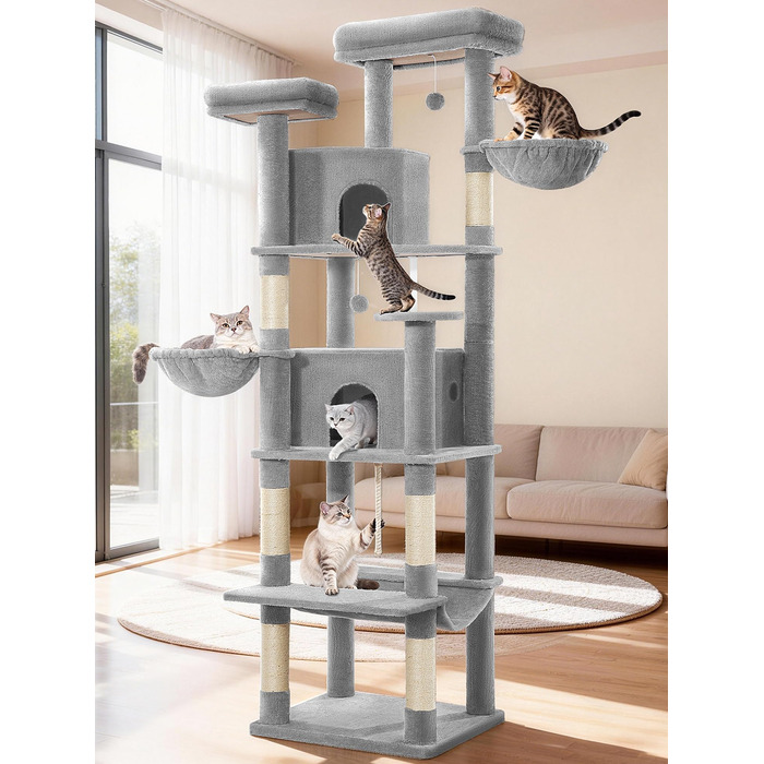 Дерево для котів Kratzbaum Groß 216 см, XXL, з 2 затишними будиночками, 2 платформами, 2 кошиками, гамаком, сірий, для дому