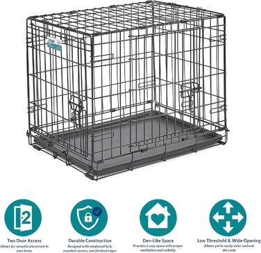 Клітка для собак MidWest iCrate 1536DDU, 90 см, з двома дверима, піддоном, захисними ніжками та перегородкою, чорна