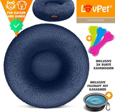 Лежак для собак і котів Lovpet 4XL, круглий плюшевий, м'який, з мискою і 3 кісточками, діаметр 120 см, темно-синій