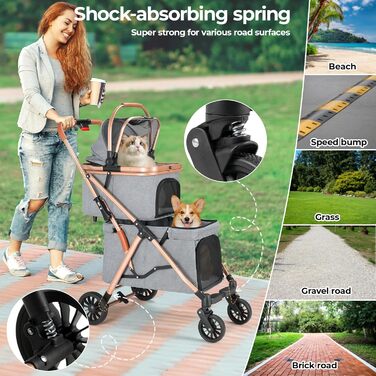 MAMIZO Подвійний візок для собак, переноска для тварин до 15 кг, складний двоярусний візок для собак, котячий візок на 2 яруси з 4 зносостійкими колесами PU, переносна сумка для собак (Сірий)