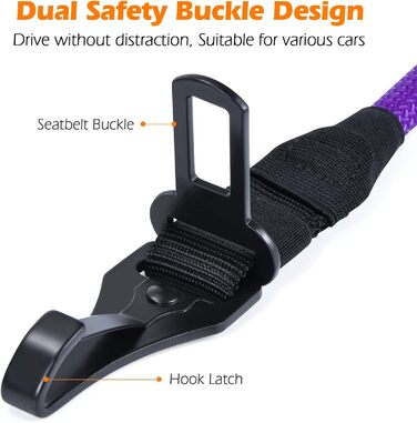 Автомобільний поводок для собак PetBonus: безпечний кріплення, міцні карабіни, для маленьких, середніх та великих собак (фіолетовий)