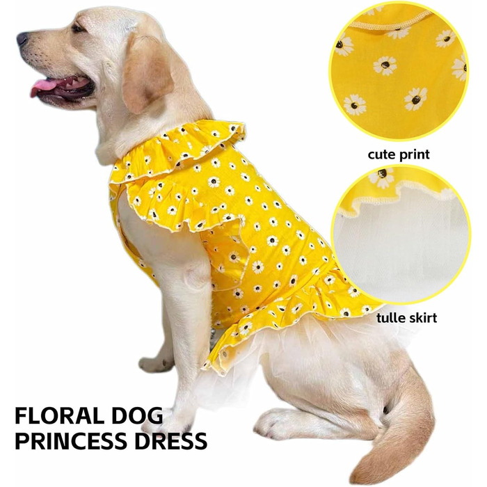 Сукня для собак великих порід UOSIA з квітковим принтом, жовта в горошок, 6XL, для вечірки, дня народження, весілля, легка та дихаюча