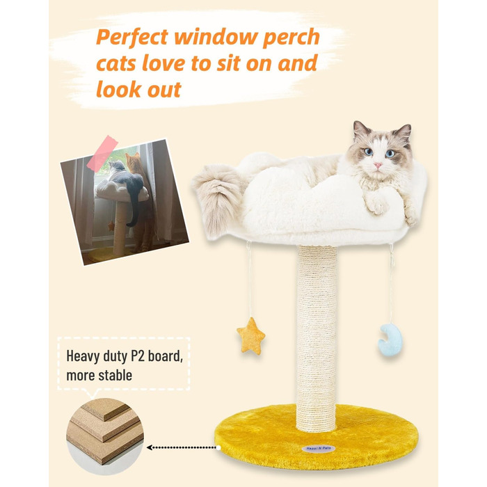 Котячий комплекс Happi N Pets 56 см – когтеточка з ліжком, платформою, натуральний сизаль, підвісні іграшки, стійкий котячий будиночок