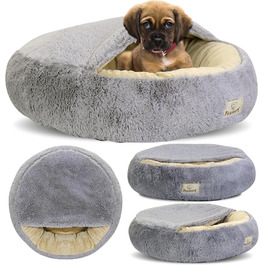 Кругле ліжко для собак та котів Donut Ø 60 см з дахом, плюшеве, з штучного хутра, для маленьких та середніх собак