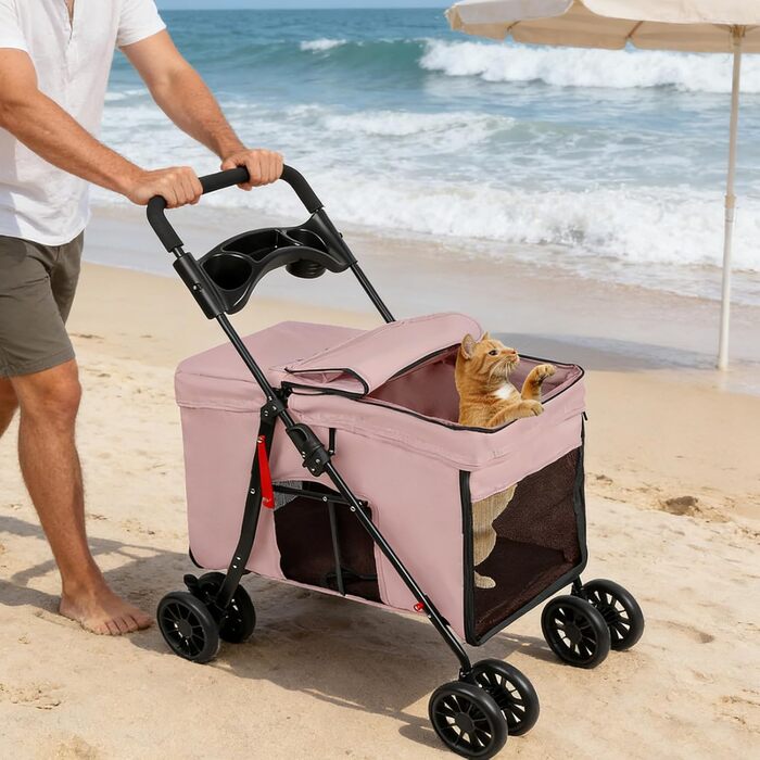 Дитяча коляска для тварин Homewell, рожева, до 20 кг, з сіткою, ременями та тримачем для напоїв