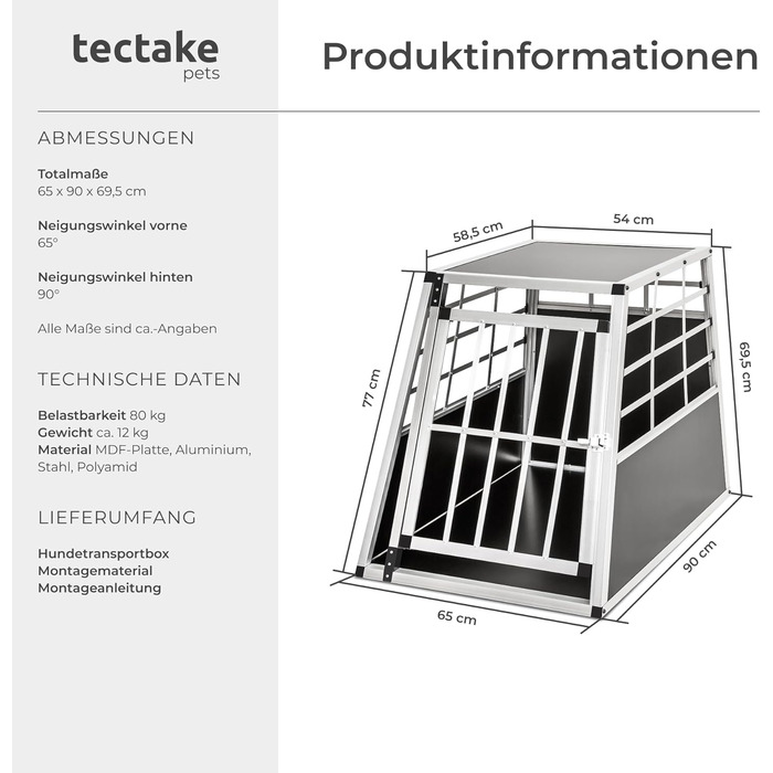 Транспортна переноска для собак tectake® - алюмінієва переноска для авто та дому, 65 x 90 x 69,5 см (Single Large)
