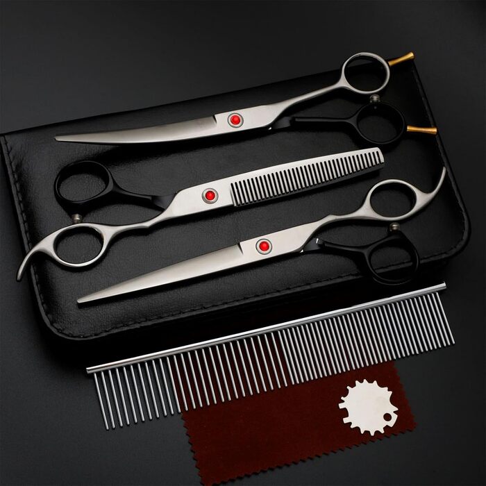 Набір професійних ножиць для собак та котів 4-в-1, з витончувальними ножицями, гребінцем, з нержавіючої сталі 440C