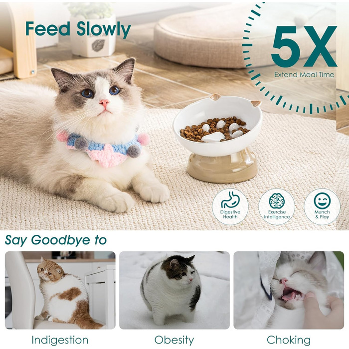 Васко керамічний годівниця для котів, піднятий миска, похилий дизайн, коричневий