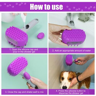 Щітка для миття собак 2-в-1 з дозатором миючого засобу 200мл, двостороння масажна щітка для котів, собак, кроликів та пухнастих тварин, фіолетова