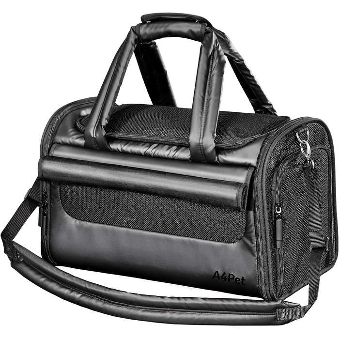 Транспортна переноска для кота/собаки 4 Pet, чорна, з сіткою та захистом, для подорожей літаком та авто