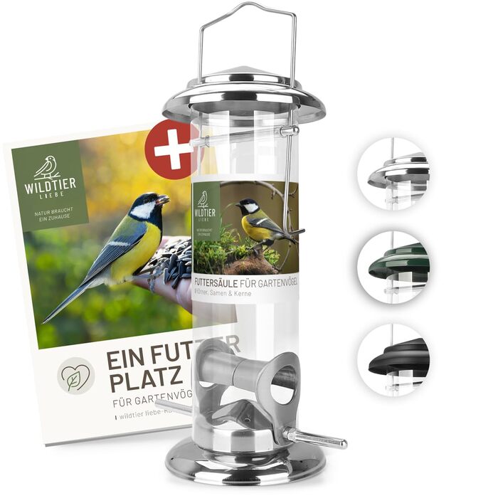 Годівниця для птахів Wildtier Liebe, зелена - з нержавіючої сталі, годівнична колонка, годівничий силос для диких птахів, цілорічне годування (23,5 см, срібло)