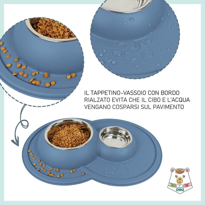 Миска для котів Patam Doppel з нержавіючої сталі з антиковзною підкладкою, анти-перекидна, виробництво Італія, Jerry Grün (Tom Blau)