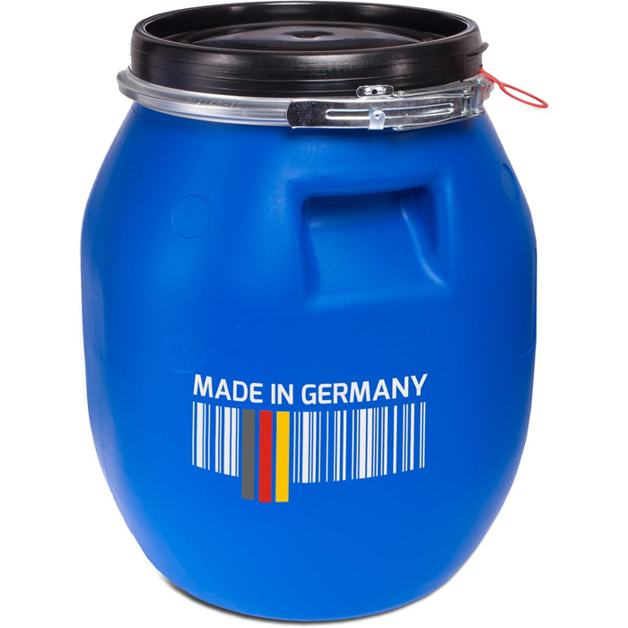 Пластикове відро Plasteo® 30 літрів з кришкою на затискач | Харчовий пластик | Контейнер для корму | Герметичне закриття | Складається в стос та підходить для палет | Міцні ручки | Синій