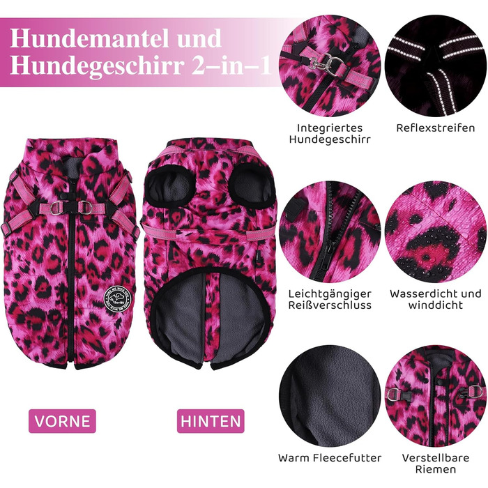 Водонепроникний теплий зимовий одяг для собак - теплий накид для собак, рожевий