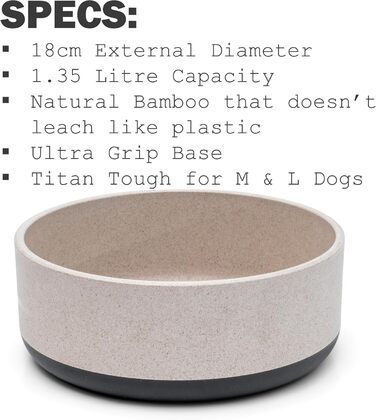 Миска для собак Titan з бамбука та гуми, 22 см, з антиковзким дном, сіра, екологічна, антибактеріальна, довговічна, нетоксична, для середніх та великих собак