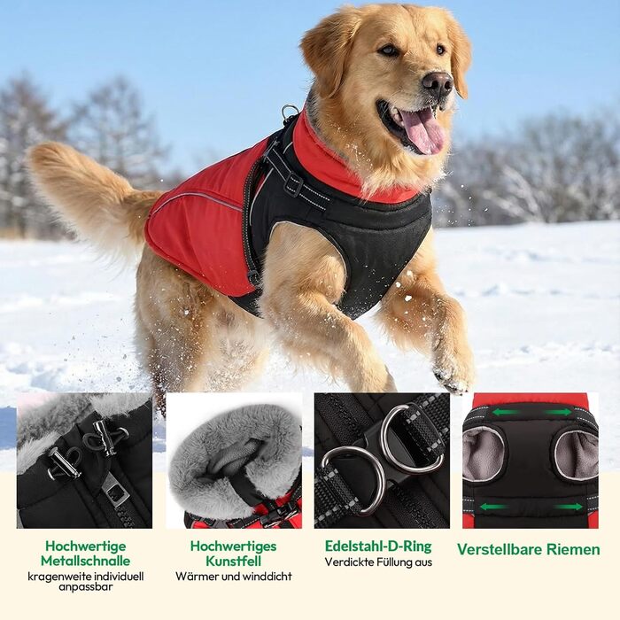 Зимовий теплий одяг для собак: флісова куртка-жилет для собак середніх розмірів (M, обхват грудей 53 см), червона, з кріпленням для повідка та світловідбиваючими елементами