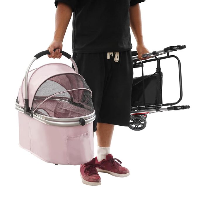 Візок для собак та котів, розкладний, до 12 кг, з кошиком та страхувальним тросом (Sakura-Rosa)
