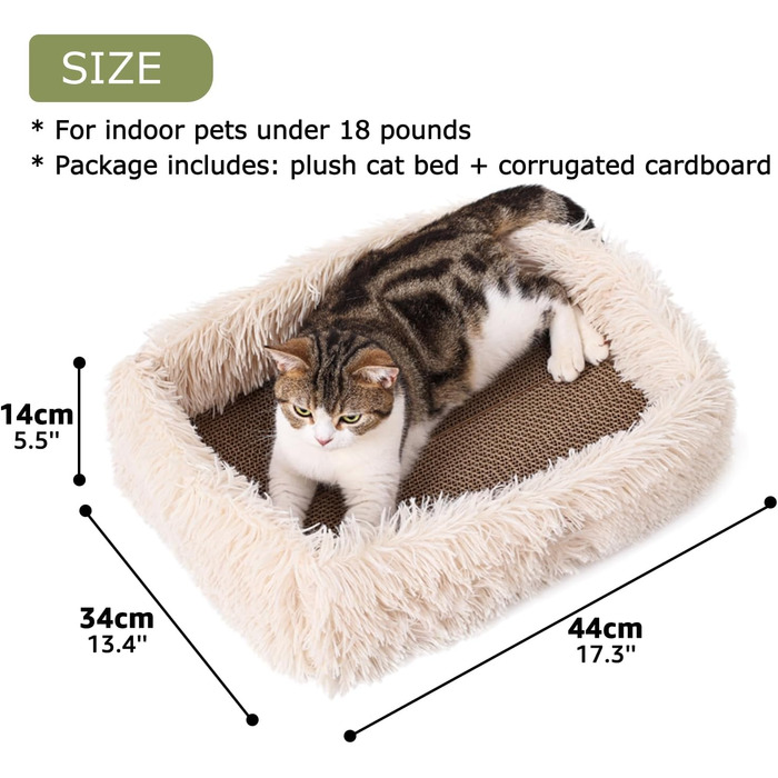 Котяче дряпальня з картону з коробкою для дряпання, міцне велике ліжко для котів, пухкі дряпальні дошки з гофрокартону, знімні, двосторонні, захист меблів (44×34×14см), Бежевий