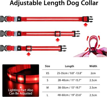 Світлодіодне нашийник для собак Masbrill, світловідбиваючий, водонепроникний, регульований, з 3 світлодіодами, для малих, середніх та великих собак, червоний, L