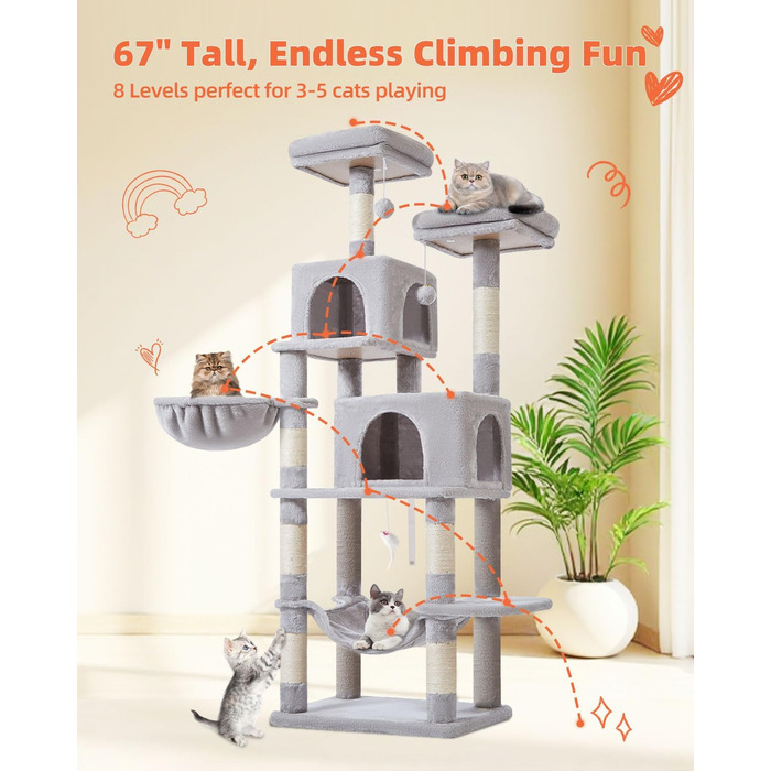 Дерево для котів Taoqimiao 170 см, велике, з будиночками, гамаком, корзиною, 8 стовпчиками для шліфування, 2 платформами, сірий MS013W