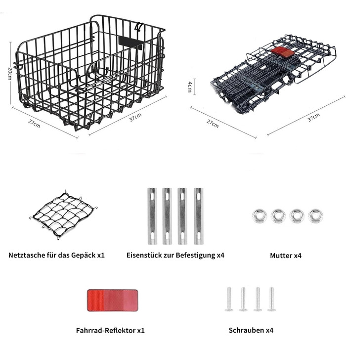 Задній велосипедний кошик W&H складний, великий металевий, з аксесуарами для монтажу, сіткою та відбивачем. Підходить для собак, покупок, пікніків