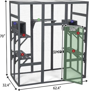Великий дерев'яний кігтечка для котів COZIWOW з лежаками, печерами, ігровим комплексом та простором для бігу, для дому, з водонепроникним дахом, 7 платформ, 2 будиночки, стійкий до УФ-випромінювання, 167 см x 82 см, сірий, XL
