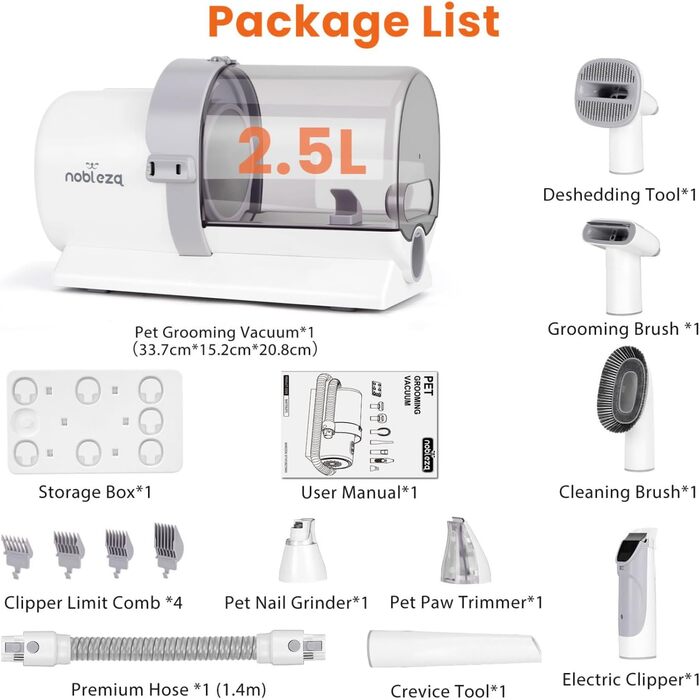 Машинка для стрижки собак Nobleza з пилососом, потужність 12000 Па, видаляє 99.99% шерсті, тиха, для собак та котів, 7 насадок, об'єм контейнера 2.5 л
