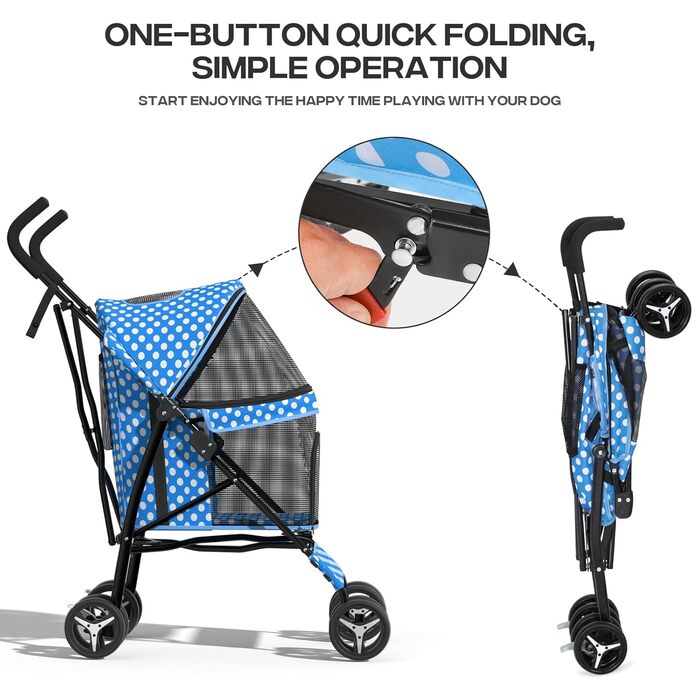 Візок для собак маленьких порід, 4,5-10 кг, візок для цуценят, візок для середніх собак, візок для котів, візок для 2 котів, з багажником, леопардовий принт (блакитний/у крапку)