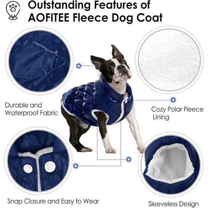 Зимовий одяг для собак AOFITEE: тепла водонепроникна жилетка з флісу для малих та середніх собак (Large, Marineblau)