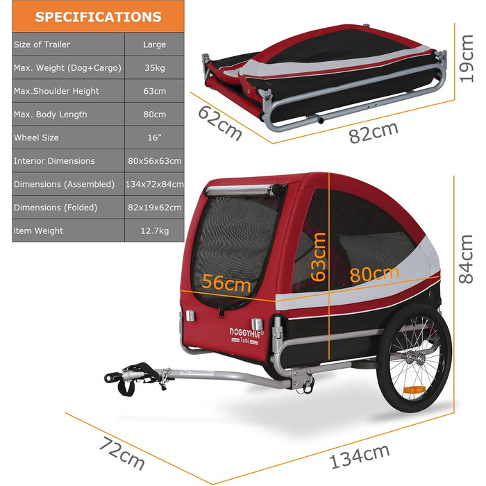 DOGGYHUT® Tobi - великий велопричіп для собак, 35 кг, зелений/червоний