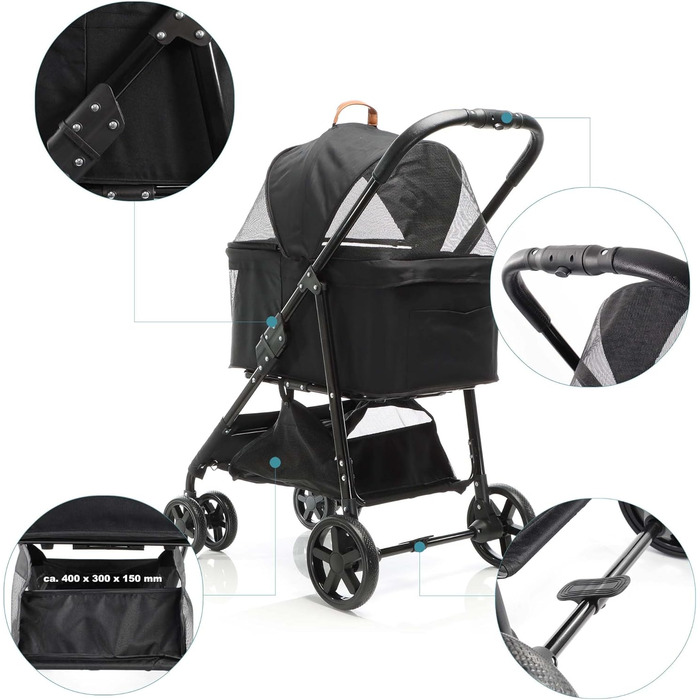 Візок для собак Fudajo 2в1, чорний, складна конструкція, з сумкою для тварин, до 20 кг, для собак та котів