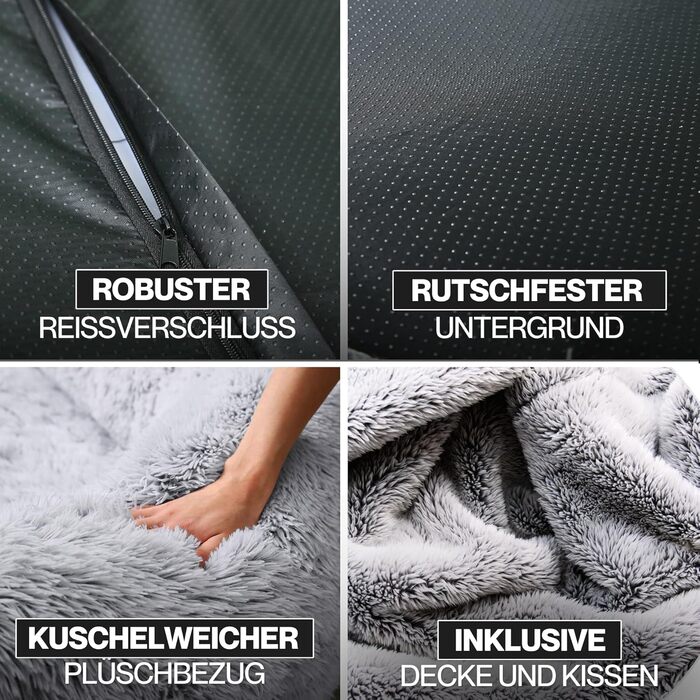 Ліжко для собак Noviclass® XXL 190 см | Ортопедичний матрац з Memory Foam | Зігріваюча ковдра та подушка | Сірий колір | Для великих собак