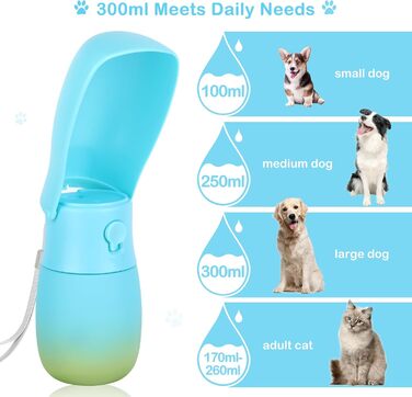 Поїлка для тварин JOPHEK 300мл: складана пляшка для собак та котів з фільтром, противитікаюча, блакитно-зелена