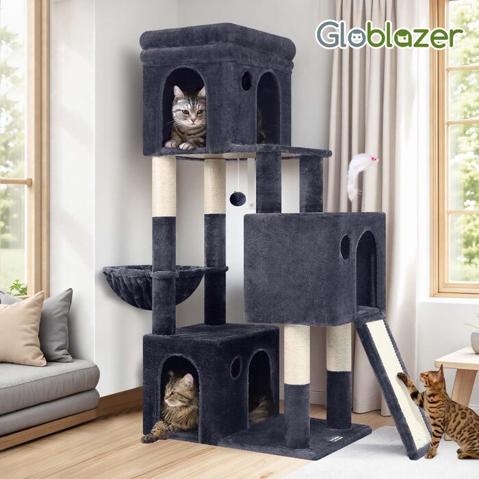 Дерево-кіготь Globlazer для котів на 2-4 котів з великою печерею, м'яким гніздечком, сходами з сизалю, іграшками, стабільним дизайном, висотою 133 см (XL, темно-сірий)