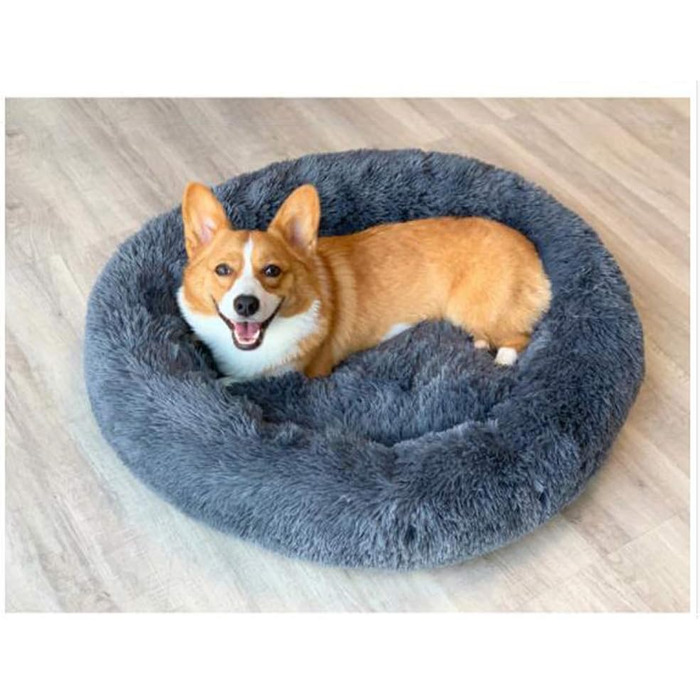 М'яке ліжко-софа для собак Deluxe, кругла, з плюшу, 60 см, для великих та екстра-великих собак та котів, водонепроникне дно, темно-сірий
