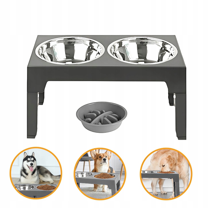 Подвійна металева миска для собак на регульованій підставці 2в1 (захист від розбризкування)