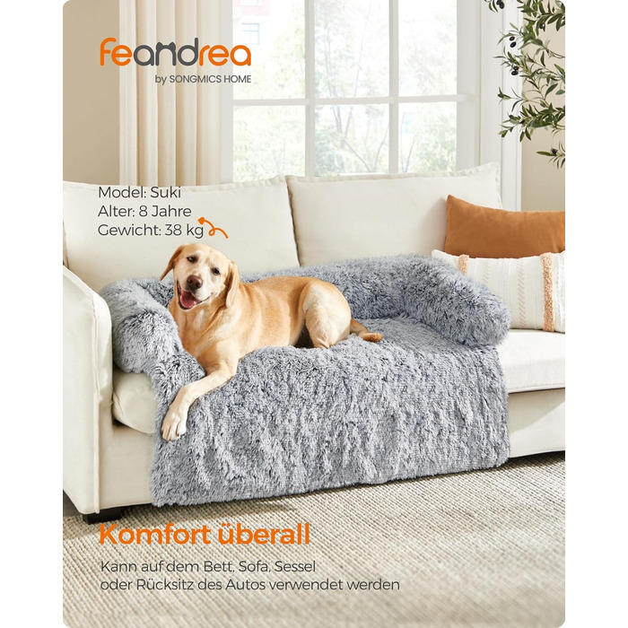 Лежак для собак Feandrea FluffyHug XXL, плюшевий софа-матрац 122×95×18 см, омбре-сірий, захист для меблів, подушка для великих собак