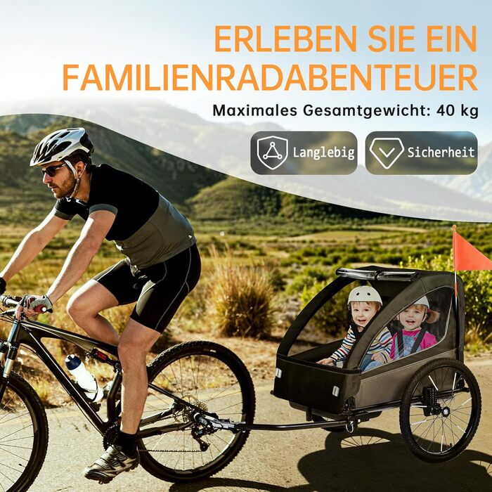 Дитячий велопричіп 2в1 з функцією коляски та бігуна, амортизація, регульована ручка-штовхач та гальма, для 1-2 дітей, до 40 кг, чорний