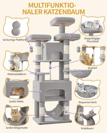 Кігтеточка для котів Hzuaneri, 176 см, XL, 3 платформи, 2 печери, 7 стовпчиків, гамак, плюшеві кульки, для багатокотових сімей, MS17618SG (Світло-сірий)