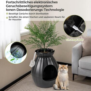 Електричний лоток для котів FANTASK, 50x50x59 см, з системою видалення запаху, стилізований під квітковий горщик з штучною рослиною та камінням, чорний котячий туалет