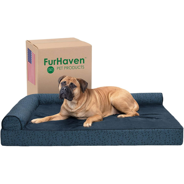 Ліжко для собак Furhaven великого розміру з ортопедичним матрацом, стиль дивана, знімний чохол, велике (135 x 102 x 24 см, блакитно-горіховий)