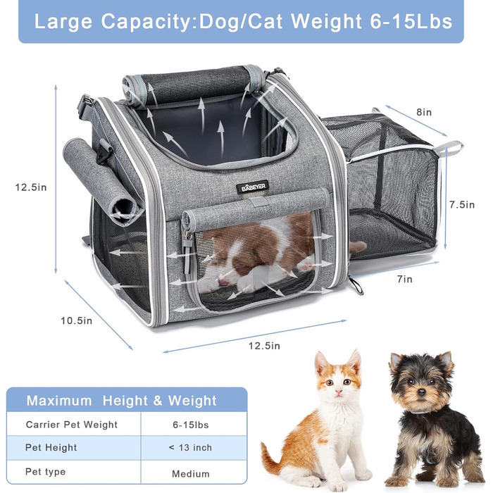 Корзина для собак на велосипед, розширювана, м'яка, сірого кольору, з 4 відкритими дверцятами та 4 сітчастими вікнами для маленьких собак та котів