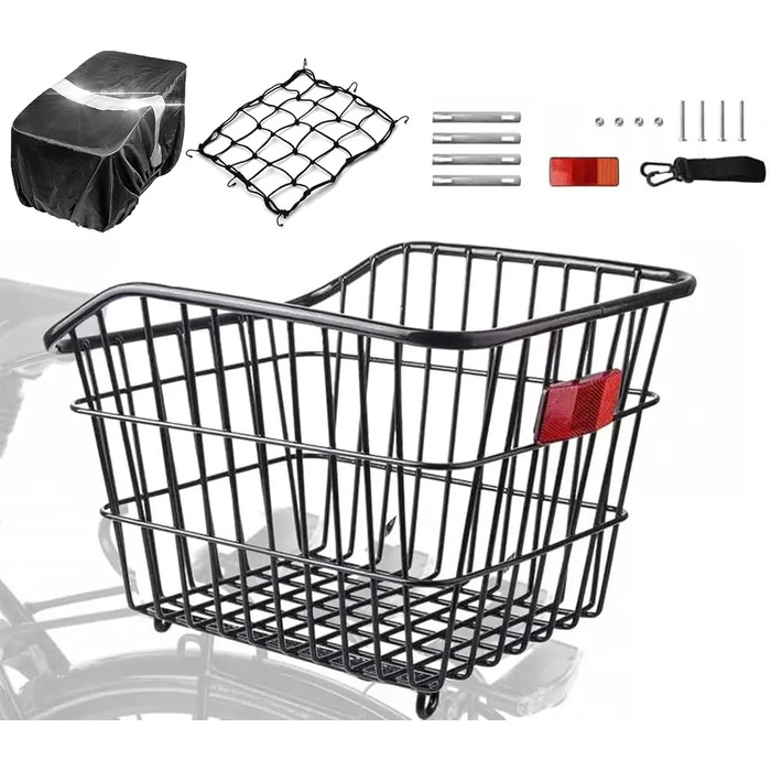 Велосипедний кошик задній WOOGCSO, металевий великий з водонепроникним покриттям, сіткою для багажу, для собак, покупок, пікніків, рюкзаків (38×31×26см)