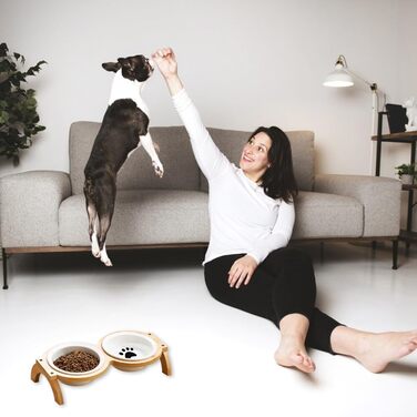 Набір мисок для котів та собак GmeDhc: 2 миски з кераміки на дерев'яній підставці