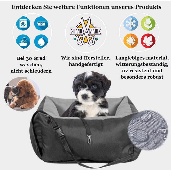 KING DOG Автокрісло для собак до 8 кг. Транспортна переноска для автомобіля з кріпленням на ремінь безпеки та м'яким килимком. Складається, легко миється. Підходить для SUV та легкових автомобілів (55 x 55 см, чорно-сірий)