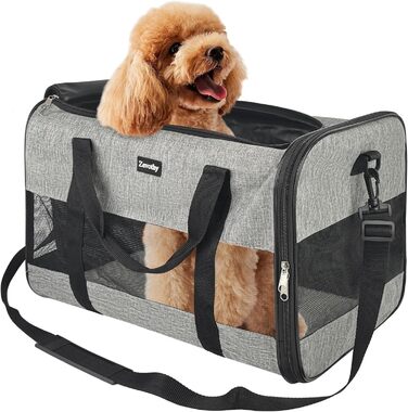 Транспортна сумка для котів та собак, дихаюча та складана, з регульованим плечовим ременем, знімний плюшевий матрац (Сірий, L)