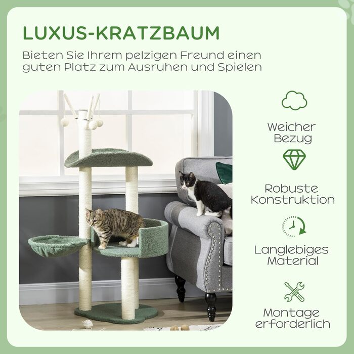 Дерев'яний будиночок для котів PawHut 123H - когтеточка, ліжко, іграшки, сизаль, плюш, кремово-білий+зелений